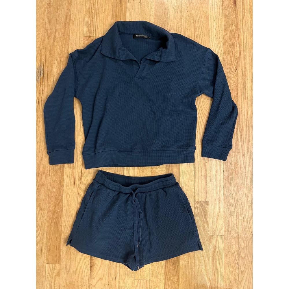 Merokeety Waffle Knit Lounge Set Navy Blue Polo Top and Shorts 2 Piece S